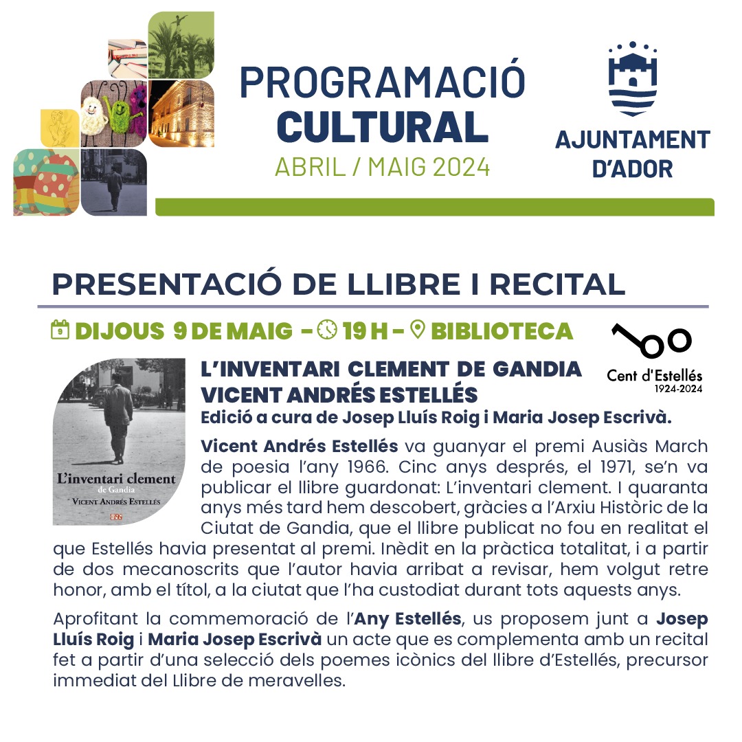 Presentació del llibre "L'inventari clement de Gandia Vicent Andrés Estellés" i recital a Ador 09/05/2024